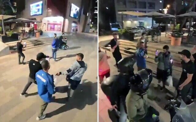 Mordechaï David et d'autres agitateurs de droite harcelant Naor Narkis et son compagnon (tous deux en bleu), à la Cinémathèque de Tel Aviv, le 9 mai 2026. (Crédit : Capture d'écran via X/Ofri Eitan)