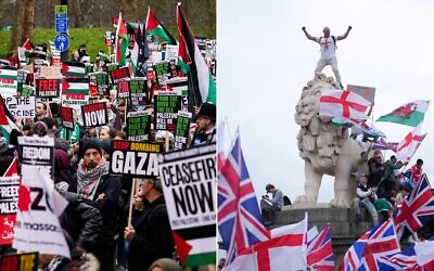 (G) Des manifestants anti-israéliens et pro-palestiniens lors d'une manifestation à Londres, le 17 février 2024. (D) Un manifestant se tient debout sur la tête du lion de South Bank, près du pont de Westminster, lors d'une marche « Unite the Kingdom » organisée par Tommy Robinson à Londres, le 13 septembre 2025. (Crédit : AP Photo/Joanna Chan) (G) Des manifestants anti-israéliens et pro-palestiniens lors d'une manifestation à Londres, le 17 février 2024. (D) Un manifestant se tient debout sur la tête du lion de South Bank, près du pont de Westminster, lors d'une marche « Unite the Kingdom » organisée par Tommy Robinson à Londres, le 13 septembre 2025. (Crédit : AP Photo/Joanna Chan)
