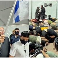 Montage photos (de gauche à droite) : Le ministre de la Sécurité nationale, Itamar Ben Gvir ; des militants de la Global Sumud Flotilla en détention, au port d'Ashdod, le 20 mai 2026. (Crédit : Capture d'écran/Compte X d'Itamar Ben Gvir)