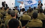 Le Premier ministre Benjamin Netanyahu s’adressant aux soldats de la brigade ultra-orthodoxe "Hasmonéenne", le 28 mai 2026. (Crédit : Armée israélienne)