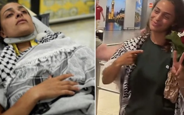 Montage photos (de gauche à droite) : Nesrin Zeaiter, activiste anti-Israël allemande,  photographiée allongée sur une civière, une minerve autour du cou, dans un aéroport d’Istanbul, en Turquie, où Israël l’a expulsée le 21 mai 2026 ; Nesrin Zeaiter, activiste anti-Israël allemande faisant le signe de la victoire, debout et sans minerve, à son arrivée à l’aéroport de Hanovre, en Allemagne, le 23 mai 2026. (Crédits : Capture d'écran/Ministère israélien des Affaires étrangères via X ; utilisée conformément à l'article 27a de la loi sur le droit d'auteur)
