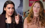 À gauche : la députée américaine Alexandria Ocasio-Cortez s'exprime lors d'une conférence de presse au Capitole, à Washington, le 25 mars 2026. (Crédit : AP Photo/J. Scott Applewhite) ; À droite : Maureen Galindo, candidate au Congrès américain, dans une interview publiée sur YouTube le 16 février 2026. (Capture d'écran via SPEAK USA Videos and Podcasts)