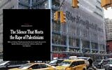 Une capture d’écran d’une chronique du New York Times de mai 2026 signée Nicholas Kristof, avec en arrière-plan le bâtiment du New York Times à New York. (Crédit : Capture d’écran/Angela Weiss/AFP via Getty Images/JTA)