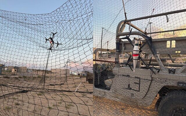 Des filets maillés déployés sur une position militaire et un véhicule pour lutter contre les drones FPV du Hezbollah, sur une photo publiée le 14 mai 2026. (Crédit : Armée israélienne)