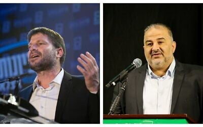 Montage photo (de gauche à droite) : Bezalel Smotrich, chef du parti HaTzionout HaDatit ; Mansour Abbas, chef du parti islamiste Raam. (Crédits : Sraya Diamant/Flash90 ; David Cohen/Flash90)