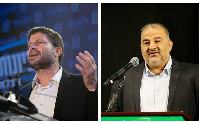Montage photo (de gauche à droite) : Bezalel Smotrich, chef du parti HaTzionout HaDatit ; Mansour Abbas, chef du parti islamiste Raam. (Crédits : Sraya Diamant/Flash90 ; David Cohen/Flash90)