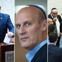 Montage photos (de gauche à droite) : Le Premier ministre Benjamin Netanyahu votant pour le prochain contrôleur de l'État, à la Knesset, le 3 juin 2026 ; Me Michael Rabello, élu contrôleur de l'État par les députés le 3 juin 2026, à la Knesset le 1ᵉʳ juin 2026 ; Aliza Barashi, secrétaire du groupe parlementaire du Likud à la Knesset, entourée de députés et de responsables de la Knesset lors du vote chaotique visant à élire un nouveau contrôleur de l'État, le 3 juin 2026. (Crédits : Yonatan Sindel/Flash90 ; Yonatan Sindel/Flash90 ; Oren Ben Hakoon/Flash90)