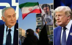 De gauche à droite : Le Premier ministre Benjamin Netanyahu lors d'une réunion spéciale du gouvernement à Nof Hagalil, le 11 juin 2026 (Haim Zach/GPO) ; Une femme brandit un drapeau iranien devant une banderole montrant un portrait du Guide suprême, l'ayatollah Mojtaba Khamenei, à Téhéran, le 4 juin 2026 (AP Photo/Vahid Salemi) ; Le président américain Donald Trump assiste à l'UFC Freedom 250 depuis la pelouse sud de la Maison Blanche, le 14 juin 2026 (AP/Alex Brandon).