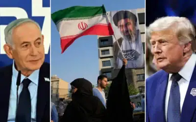 De gauche à droite : Le Premier ministre Benjamin Netanyahu lors d'une réunion spéciale du gouvernement à Nof Hagalil, le 11 juin 2026 (Haim Zach/GPO) ; Une femme brandit un drapeau iranien devant une banderole montrant un portrait du Guide suprême, l'ayatollah Mojtaba Khamenei, à Téhéran, le 4 juin 2026 (AP Photo/Vahid Salemi) ; Le président américain Donald Trump assiste à l'UFC Freedom 250 depuis la pelouse sud de la Maison Blanche, le 14 juin 2026 (AP/Alex Brandon). De gauche à droite : Le Premier ministre Benjamin Netanyahu lors d'une réunion spéciale du gouvernement à Nof Hagalil, le 11 juin 2026 (Haim Zach/GPO) ; Une femme brandit un drapeau iranien devant une banderole montrant un portrait du Guide suprême, l'ayatollah Mojtaba Khamenei, à Téhéran, le 4 juin 2026 (AP Photo/Vahid Salemi) ; Le président américain Donald Trump assiste à l'UFC Freedom 250 depuis la pelouse sud de la Maison Blanche, le 14 juin 2026 (AP/Alex Brandon).