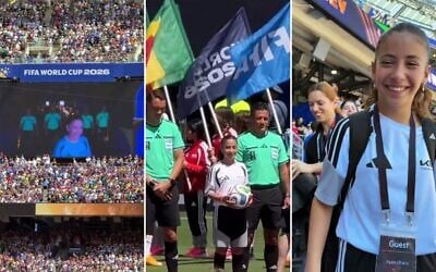 Ayala Ohana, 12 ans, que l'on voit ici en chemise blanche, porte le ballon au début du match France-Sénégal lors de la Coupe du monde de la FIFA, au MetLife Stadium, dans le New Jersey, le 16 juin 2026. (Crédit : Captures d'écran / Instagram / Hananel Ohana)