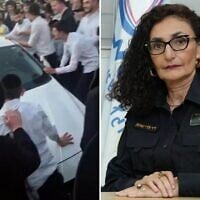 Cette photo composite montre la médecin-chef de la police israélienne, la commissaire principale Dr Valérie Shoshan, à droite, et un groupe de manifestants ultra-orthodoxes tentant de renverser sa voiture, à Jérusalem, le 2 juin 2026. (Crédit : Capture d'écran/Avi Topurovich via X/Police israélienne)