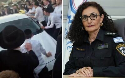 Cette photo composite montre la médecin-chef de la police israélienne, la commissaire principale Dr Valérie Shoshan, à droite, et un groupe de manifestants ultra-orthodoxes tentant de renverser sa voiture, à Jérusalem, le 2 juin 2026. (Crédit : Capture d'écran/Avi Topurovich via X/Police israélienne)