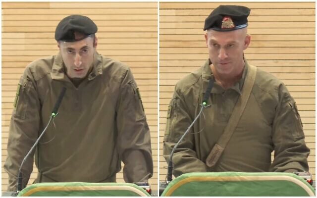 Montage photos (de gauche à droite) : Le commandant sortant de la 401ᵉ brigade du Corps Blindé Mécanisé, le colonel Meïr Biderman ; le nouveau commandant, le colonel Yoav Schneider, s'exprimant lors d'une cérémonie de passation de commandement, le 7 juin 2026. (Crédit : Armée israélienne)
