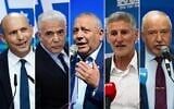 De gauche à droite : l'ancien Premier ministre Naftali Bennett s'exprime lors d'une conférence de presse à la Knesset à Jérusalem, le 20 mai 2026. (Yonatan Sindel/Flash90) ; le député Yair Lapid, chef de file de l'opposition et membre du parti Yesh Atid, préside une réunion de son groupe parlementaire à la Knesset le 25 mai 2026 (Yonatan Sindel/Flash90) ; Gadi Eisenkot, chef du parti Yashar, s'exprime lors d'une conférence à l'université de Tel Aviv, le 12 mai 2026. (Avshalom Sassoni/Flash90) ; Le chef du parti des Démocrates, Yair Golan, préside une réunion de son groupe parlementaire à la Knesset à Jérusalem, le 25 mai 2026. (Yonatan Sindel/Flash90) ; Le président d'Yisrael Beytenu, Avigdor Liberman, préside une réunion de groupe à la Knesset le 25 mai 2026. (Yonatan Sindel/Flash90)