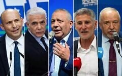 De gauche à droite : l'ancien Premier ministre Naftali Bennett s'exprime lors d'une conférence de presse à la Knesset à Jérusalem, le 20 mai 2026. (Yonatan Sindel/Flash90) ; le député Yair Lapid, chef de file de l'opposition et membre du parti Yesh Atid, préside une réunion de son groupe parlementaire à la Knesset le 25 mai 2026 (Yonatan Sindel/Flash90) ; Gadi Eisenkot, chef du parti Yashar, s'exprime lors d'une conférence à l'université de Tel Aviv, le 12 mai 2026. (Avshalom Sassoni/Flash90) ; Le chef du parti des Démocrates, Yair Golan, préside une réunion de son groupe parlementaire à la Knesset à Jérusalem, le 25 mai 2026. (Yonatan Sindel/Flash90) ; Le président d'Yisrael Beytenu, Avigdor Liberman, préside une réunion de groupe à la Knesset le 25 mai 2026. (Yonatan Sindel/Flash90)