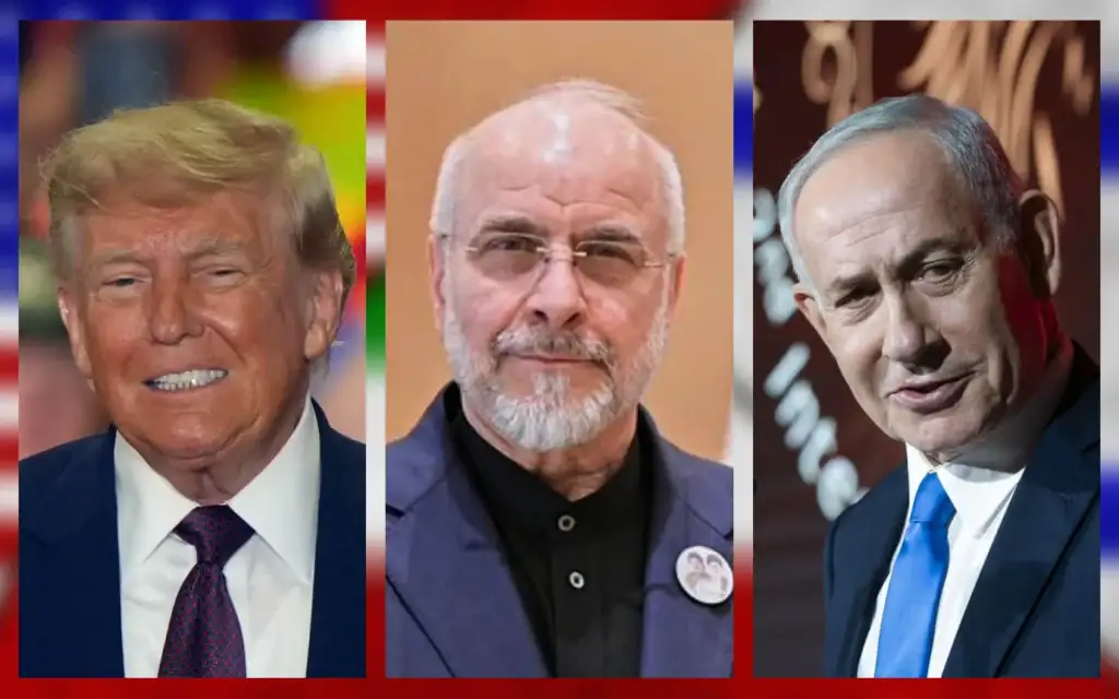De gauche à droite : le président américain Donald Trump à Macungie, en Pennsylvanie, le 23 juin 2026. (Crédit : AP) ; le président du Parlement iranien, Mohammad Bagher Ghalibaf, à Islamabad, au Pakistan, le 11 avril 2026. (Crédit : Bureau du Premier ministre pakistanais/AP) ; le Premier ministre Benjamin Netanyahu s’exprime lors de la conférence du Jewish News Syndicate à Jérusalem, le 21 juin 2026. (Crédit : Chaim Goldberg/Flash 90) ; en arrière-plan, les drapeaux américain, iranien et israélien. (Crédit : Ruma Aktar/iStock)