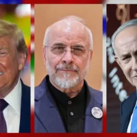 De gauche à droite : le président américain Donald Trump à Macungie, en Pennsylvanie, le 23 juin 2026. (Crédit : AP) ; le président du Parlement iranien, Mohammad Bagher Ghalibaf, à Islamabad, au Pakistan, le 11 avril 2026. (Crédit : Bureau du Premier ministre pakistanais/AP) ; le Premier ministre Benjamin Netanyahu s’exprime lors de la conférence du Jewish News Syndicate à Jérusalem, le 21 juin 2026. (Crédit : Chaim Goldberg/Flash 90) ; en arrière-plan, les drapeaux américain, iranien et israélien. (Crédit : Ruma Aktar/iStock)
