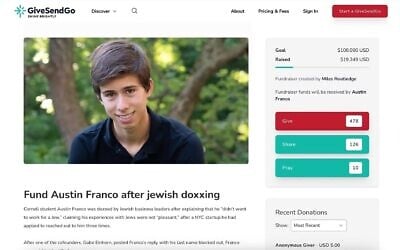 Une collecte de fonds organisée en faveur d'Austin Franco, étudiant à Cornell, qui a déclaré ne « pas vouloir travailler pour un Juif », a permis de récolter près de 20 000 dollars. (Crédit : Capture d'écran via la JTA)