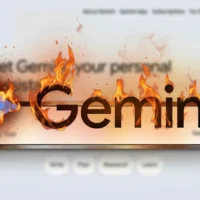 Une IA et le logo de Google Gemini en flammes, fruit d'une retouche sur Photoshop.