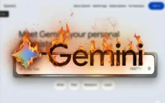 Une IA et le logo de Google Gemini en flammes, fruit d'une retouche sur Photoshop.