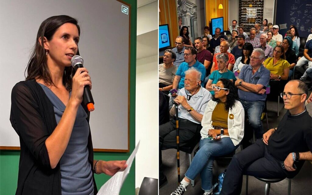 Neta Dan (à gauche) évoque les mystères de la recherche archivistique lors de la soirée des archives organisée par l'Académie de la langue hébraïque, le 9 juin 2026 (Autorisation)