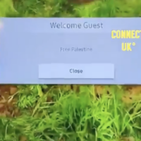 Le message "Free Palestine" découvert par deux clients juifs sur les écrans de leurs télévisions dans un hôtel Travelodge de Londres, le 3 juin 2026. (Capture d'écran X)