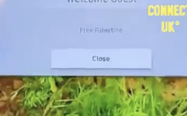 Le message "Free Palestine" découvert par deux clients juifs sur les écrans de leurs télévisions dans un hôtel Travelodge de Londres, le 3 juin 2026. (Capture d'écran X)