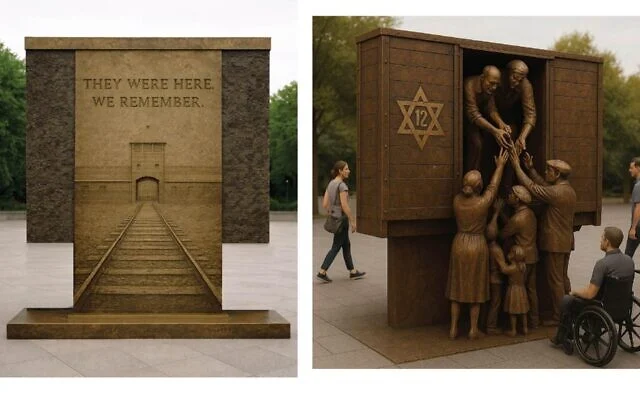 Un dessin du mémorial de la Shoah prévu à Charlotte, en Caroline du Nord, évoque les trains de la mort nazis et l'entrée d'Auschwitz. (Avec l'autorisation du Circle of Humanity via la JTA)