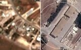 Une série d'images satellites prises par le satellite Copernicus Sentinel-2 de la Commission européenne, qui semblent montrer les dégâts subis par un hangar de la base aérienne de Ramat David, dans le nord d'Israël,  après une attaque au missile balistique iranien, le 8 juin 2026. (Crédit:  Capture d'écran / Copernicus Sentinel-2 via Soar)