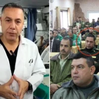 (À gauche) Hussam Abu Safiya, directeur de l’hôpital Kamal Adwan, sur une capture d’écran non datée tirée d’une vidéo de Democracy Now publiée sur YouTube, le 14 janvier 2025. (Crédit : Capture d’écran/Democracy Now/YouTube) ; (à droite) Abu Safiya portant un uniforme du Hamas aux côtés d’autres officiers supérieurs du groupe terroriste, en 2016. (Crédit : Services médicaux-Bande de Gaza)