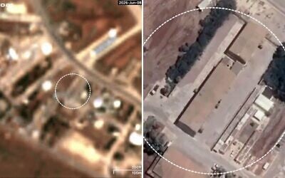 Une série d'images satellites prises par le satellite Copernicus Sentinel-2 de la Commission européenne, qui semblent montrer les dégâts subis par un hangar de la base aérienne de Ramat David, dans le nord d'Israël,  après une attaque au missile balistique iranien, le 8 juin 2026. (Crédit:  Capture d'écran/Copernicus Sentinel-2 via Soar)