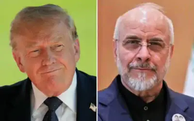 Le président américain Donald Trump arrive au sommet du G7 à Évian-les-Bains, en France, le 15 juin 2026. (Crédit : AP) ; le président du Parlement iranien, Mohammad Bagher Ghalibaf, à Islamabad, au Pakistan, le 11 avril 2026. (Crédit : Bureau du Premier ministre pakistanais/AP) Le président américain Donald Trump arrive au sommet du G7 à Évian-les-Bains, en France, le 15 juin 2026. (Crédit : AP) ; le président du Parlement iranien, Mohammad Bagher Ghalibaf, à Islamabad, au Pakistan, le 11 avril 2026. (Crédit : Bureau du Premier ministre pakistanais/AP)