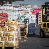 Un ouvrier palestinien sur un chariot élévateur au marché de gros de Jérusalem, dans le quartier de Givat Shaul, le 25 novembre 2015. (Hadas Parush/Flash90)