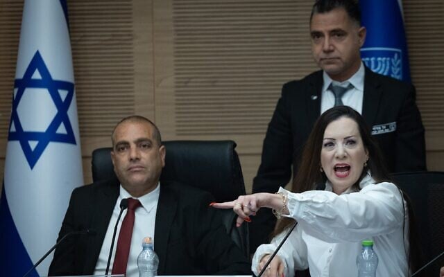 La députée Tally Gotliv (à droite) et le député Ofir Katz (au centre) lors d'une réunion d'une commission de la Chambre de la Knesset, à Jérusalem, le 8 juin 2026. (Crédit : Yonatan Sindel/Flash90)