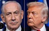 Montage photos (de gauche à droite) : Le Premier ministre Benjamin Netanyahu  et le président américain Donald Trump lors d'une conférence de presse à Mar-a-Lago, à Palm Beach, en Floride, le 29 décembre 2025. (Crédit : Alex Brandon/AP Photo)