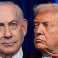 Montage photos (de gauche à droite) : Le Premier ministre Benjamin Netanyahu  et le président américain Donald Trump lors d'une conférence de presse à Mar-a-Lago, à Palm Beach, en Floride, le 29 décembre 2025. (Crédit : Alex Brandon/AP Photo)