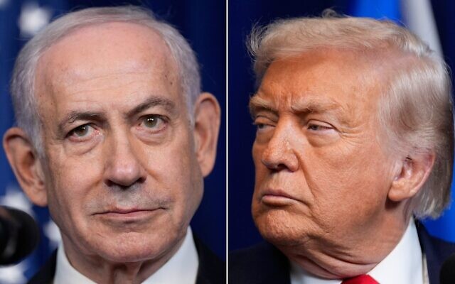 Montage photos (de gauche à droite) : Le Premier ministre Benjamin Netanyahu  et le président américain Donald Trump lors d'une conférence de presse à Mar-a-Lago, à Palm Beach, en Floride, le 29 décembre 2025. (Crédit : Alex Brandon/AP Photo)