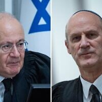 (À gauche) Yosef Elron, juge sortant de la Cour suprême, à la Cour suprême de Jérusalem, le 18 septembre 2025, et (à droite) l'avocat Michael Rabello à la Cour suprême de Jérusalem, le 23 avril 2026 (Crédit : Yonatan Sindel/Flash90)