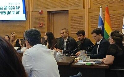 Des députés et des militants de la communauté LGBTQ participent à une réunion organisée à l'occasion de la Journée des droits de la communauté LGBTQ à la Knesset, à Jérusalem, le 2 juin 2026. (Crédit : Noam Lehmann/Times of Israel)