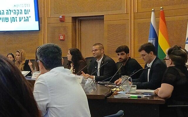 Des députés et des militants de la communauté LGBTQ participent à une réunion organisée à l'occasion de la Journée des droits de la communauté LGBTQ à la Knesset, à Jérusalem, le 2 juin 2026. (Crédit : Noam Lehmann/Times of Israel) Des députés et des militants de la communauté LGBTQ participent à une réunion organisée à l'occasion de la Journée des droits de la communauté LGBTQ à la Knesset, à Jérusalem, le 2 juin 2026. (Crédit : Noam Lehmann/Times of Israel)
