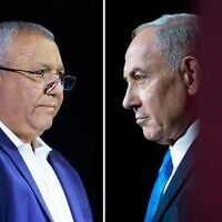 Montage de photos (de gauche à droite) : Gadi Eisenkot, chef du parti Yashar, le 1ᵉʳ novembre 2025 ; le Premier ministre Benjamin Netanyahu s'exprimant lors de la conférence du Jewish News Syndicate, à Jérusalem, le 21 juin 2026. (Crédits : Moshe Shaï/Flash90 ; Chaïm Goldberg/Flash90)