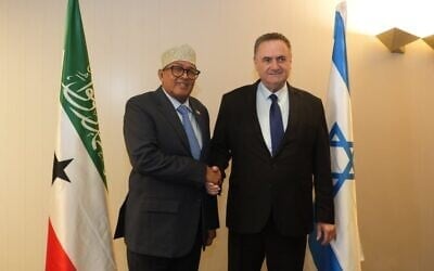 Le ministre de la Défense, Israel Katz, rencontrant le président du Somaliland, Abdirahman Mohamed Abdullahi, en visite en Israël, le 17 juin 2026. (Crédit : Ariel Hermoni/Ministère de la Défense)