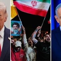 Montage : le président américain Donald Trump (Crédit : AP Photo/Alex Brandon) ; des manifestants pro-gouvernementaux à Téhéran, après l'annonce d'un cessez-le-feu, tôt le matin du 8 avril 2026 (Crédit : AP Photo/Vahid Salemi) ; le Premier ministre Benjamin Netanyahu (Crédit : Shalev Shalom/Pool)