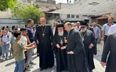 Le cardinal Pierbattista Pizzaballa, patriarche latin de Jérusalem, et son homologue grec-orthodoxe Théophile III, à Gaza-City, le 22 juin 2026. (Crédit : Patriarcat latin de Jérusalem via X) Le cardinal Pierbattista Pizzaballa, patriarche latin de Jérusalem, et son homologue grec-orthodoxe Théophile III, à Gaza-City, le 22 juin 2026. (Crédit : Patriarcat latin de Jérusalem via X)