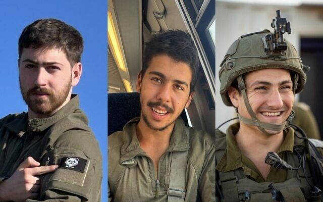 De gauche à droite : le sergent-chef Liav Kababia, 20 ans, le sergent-chef Yoav Klein, 21 ans, et le lieutenant-colonel Dor Gedalia Ben Simhon, 32 ans, tués dans le sud du Liban le 20 juin 2026. (Crédit : Autorisation)