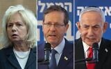 Montage photos (de gauche à droite) : La procureure générale, Gali Baharav-Miara, assistant à une réunion de la commission de la Chambre de la Knesset, à Jérusalem, le 9 juin 2026 ; le président Isaac Herzog et le Premier ministre Benjamin Netanyahu assistant à une cérémonie commémorative en l'honneur du leader sioniste Theodor Herzl, au mont Herzl, à Jérusalem, le 5 juillet 2026. (Crédits : Yonatan Sindel/Flash90 ; Alex Kolomoisky/POOL)