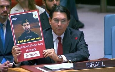 L’envoyé d’Israël auprès des Nations unies, Danny Danon, au Conseil de sécurité de l’ONU, le 29 juin 2026. (Crédit : Capture d'écran/UN WebTV)