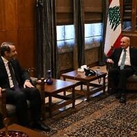 Le ministre syrien des Affaires étrangères, Asaad al-Shaibani (à gauche), s'entretenant avec le président du Parlement libanais, Nabih Berri, à la résidence de ce dernier, à Beyrouth, le 2 juillet 2026. (Crédit : Joseph Eid/AFP)