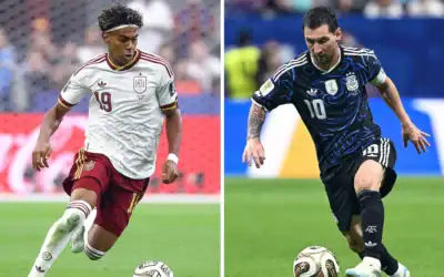 Ce montage de photos d’archives réalisé le 16 juillet 2026 montre l’attaquant espagnol n° 19, Lamine Yamal, à Arlington le 14 juillet 2026 (à gauche) ; et l’attaquant argentin n° 10, Lionel Messi, à Atlanta le 15 juillet 2026 (Crédit Charly Triballeau et Roberto Schmidt/AFP) Ce montage de photos d’archives réalisé le 16 juillet 2026 montre l’attaquant espagnol n° 19, Lamine Yamal, à Arlington le 14 juillet 2026 (à gauche) ; et l’attaquant argentin n° 10, Lionel Messi, à Atlanta le 15 juillet 2026 (Crédit Charly Triballeau et Roberto Schmidt/AFP)