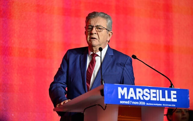 Jean-Luc Mélenchon, à Marseille, le 7 mars 2026. (Crédit : Philippe Magoni/AP) Jean-Luc Mélenchon, à Marseille, le 7 mars 2026. (Crédit : Philippe Magoni/AP)